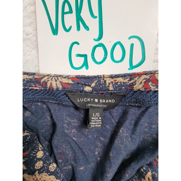Lucky Brand Womens Floral Boho Print 3/4 Sleeve V-neck Top Large Blue Red Casual - Picture 4 of 9